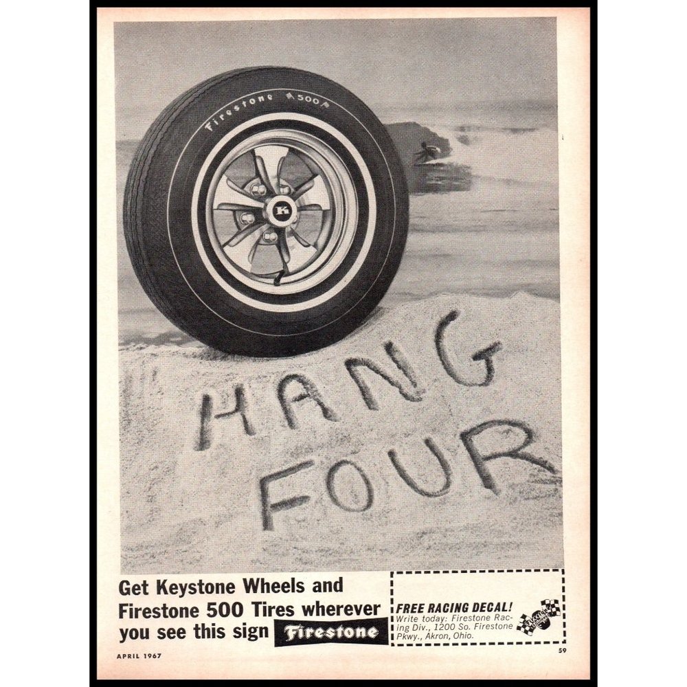 1967 Firestone 500 Tires Vintage Print Ad Surf Surfer Surfing Beach Wall Art